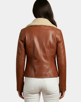 Women Leather Biker Jacket with Detachable Collar Charmed Chestnut